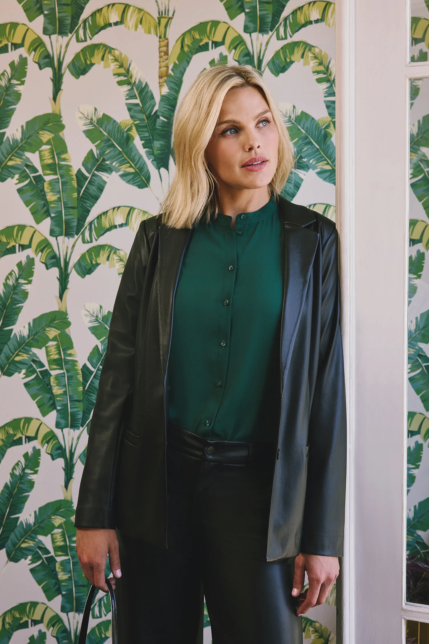 Vegan Stretch Leather Classic Blazer Jacket - Black